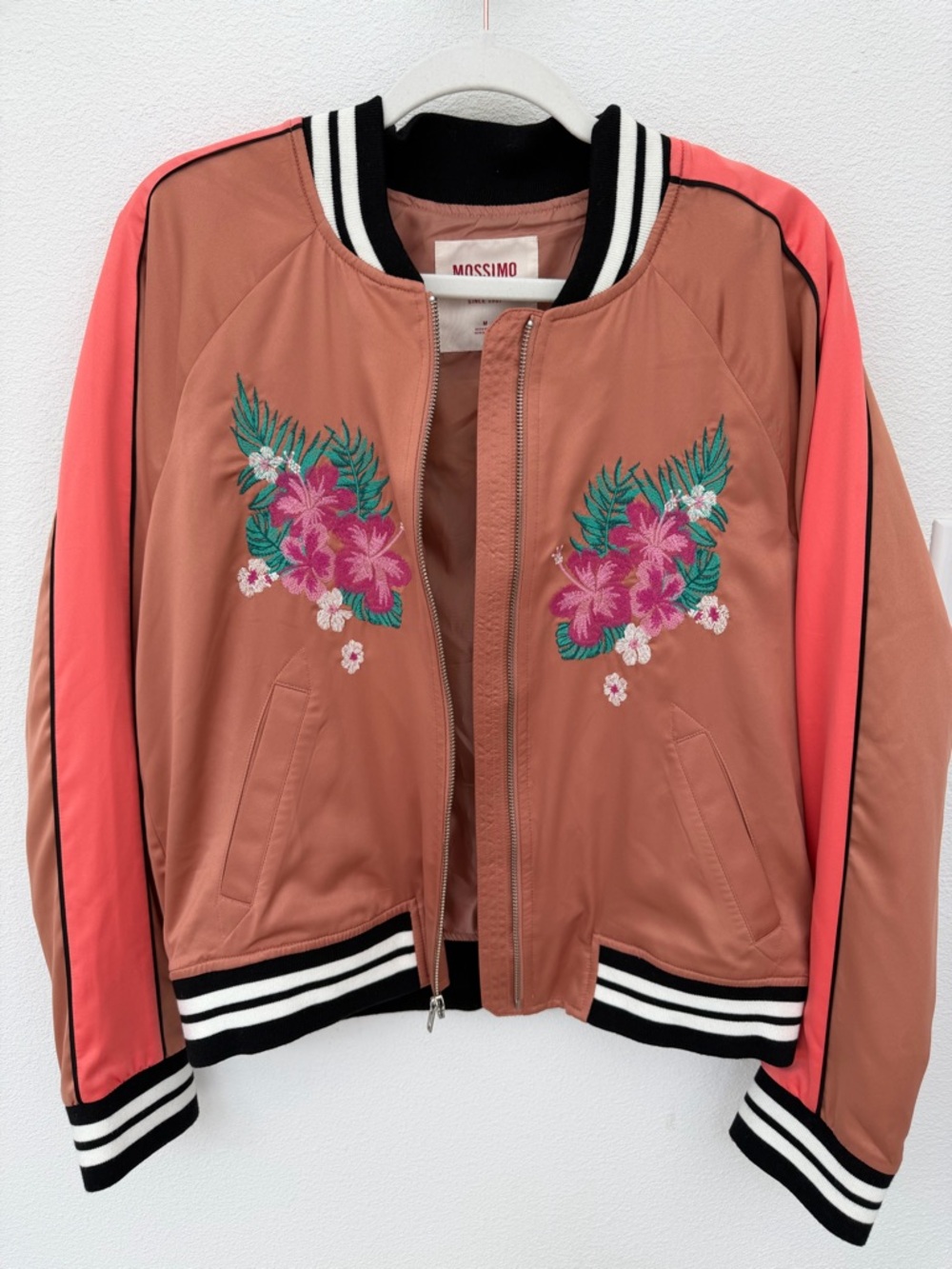Mossimo Supply Co. Rose-Tan Bomber Jacket with Coral Sleeves & Floral Embroidery